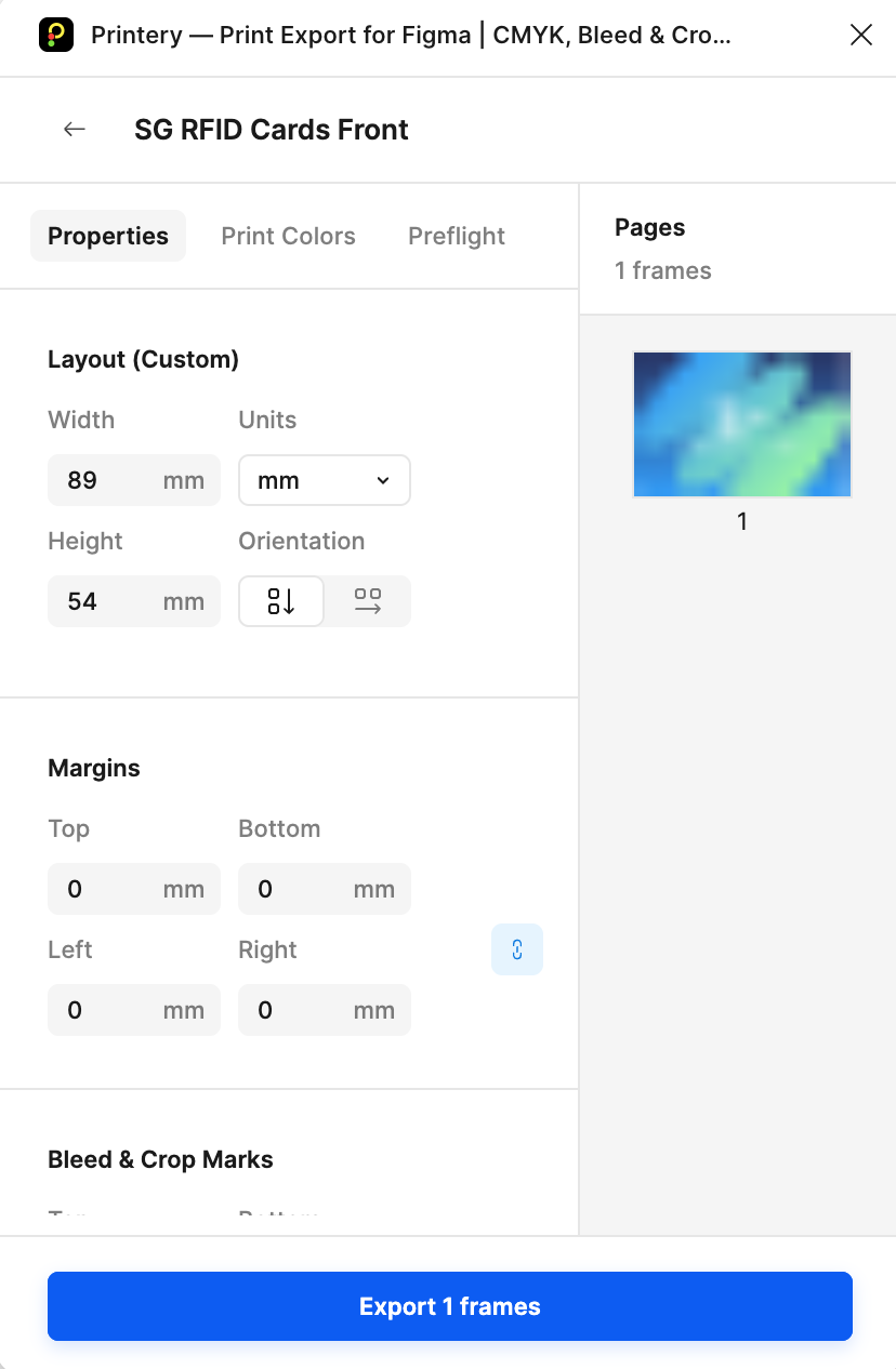 Print from Figma with bleed, crop marks, and safety zones setup in Printery